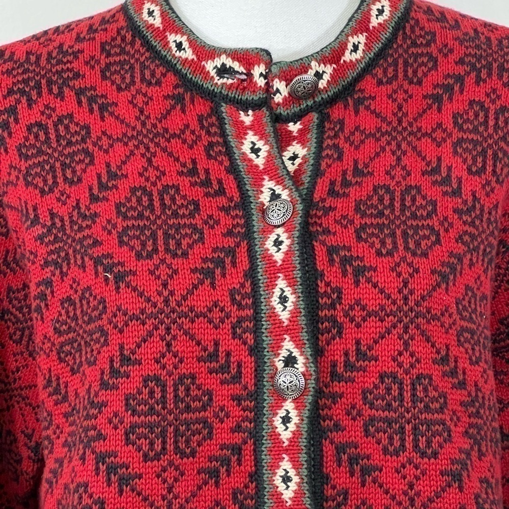 LL Bean Fair Isle Cotton Cardigan Red Snowflake Nordic Pattern - Picture 5 of 9